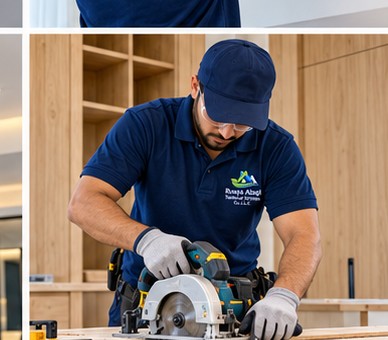 Carpenter fitting shelves and cabinet components