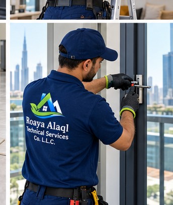 Technician adjusting a modern balcony door and window fittings