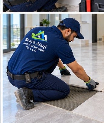Flooring technician laying tiles in a modern room