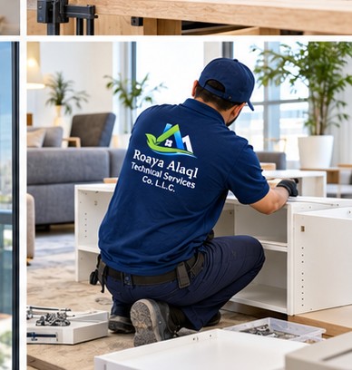 Technician assembling furniture in a bright apartment