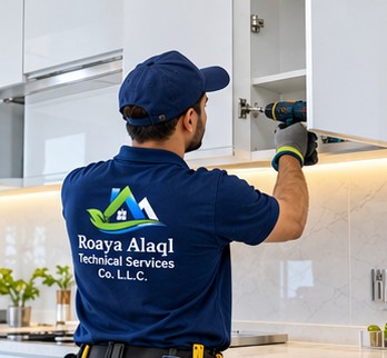 Technician fitting kitchen cabinets in a modern UAE home
